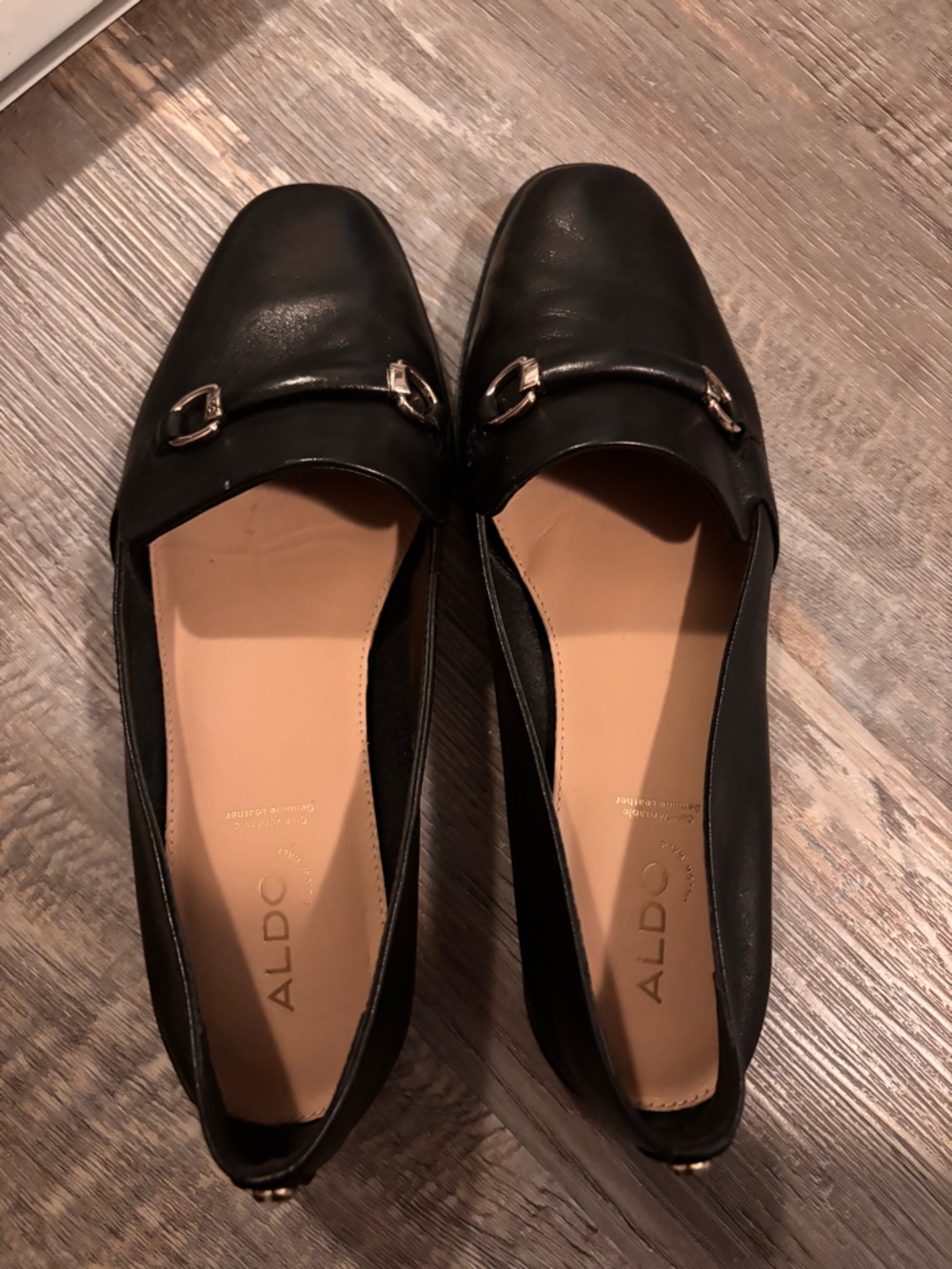 Aldo Black Leather Loafers with Gold Buckle Accents